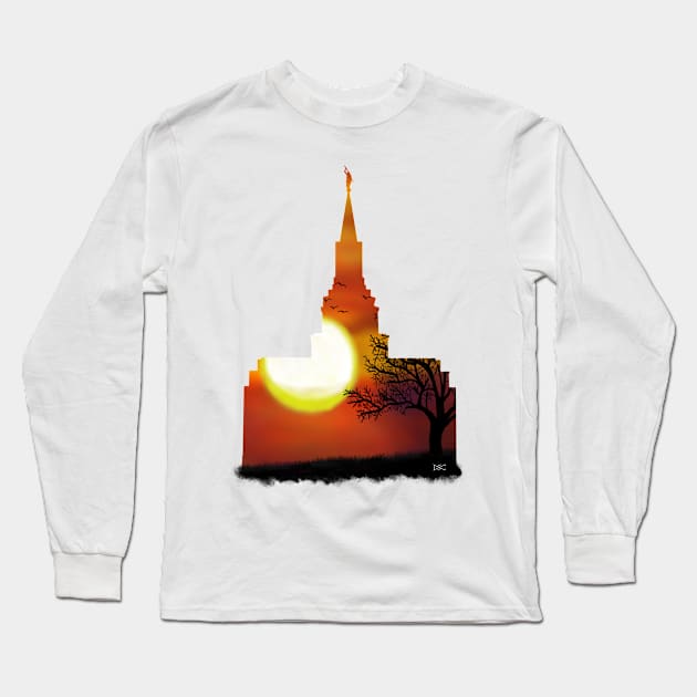 Boston Massachusetts Temple Sunset Tree Silhouette Long Sleeve T-Shirt by DSCarts